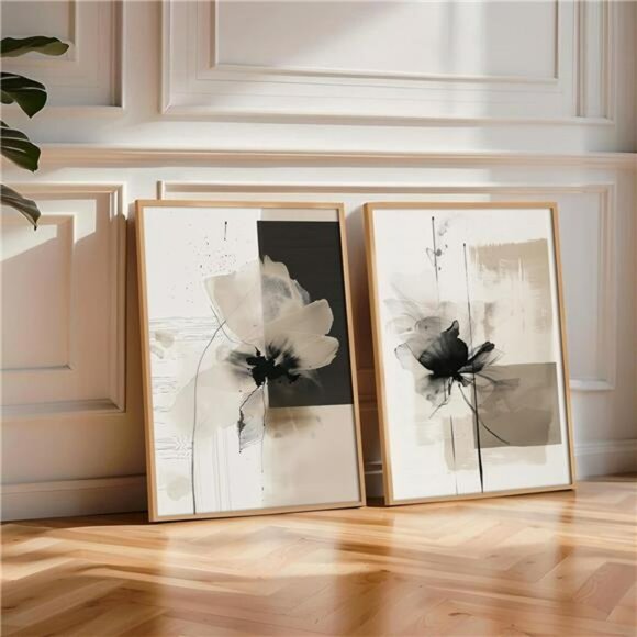 Modern abstract floral wall art neutral beige black canvas prints set of 2 decor - Picture 2 of 8